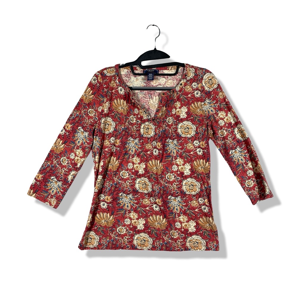 Chaps Henley Top Womens Medium Red Floral Cottagecore Boho Fall Rustic Earthy